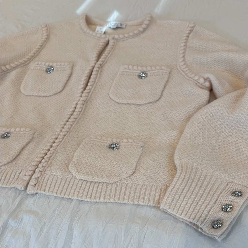 NWT J CREW WOMENS Cream Knit Jewel-Button Pocket Cardigan